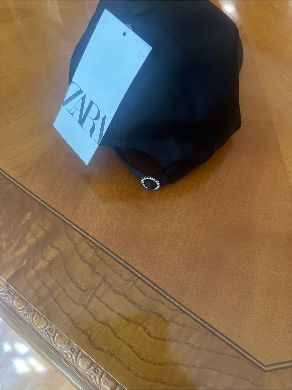 Zara Black Satin Cap with Rhinestone Ring